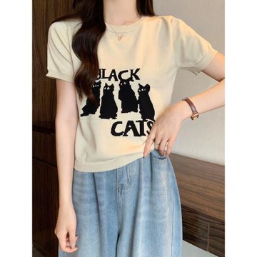 2023夏新款正肩短袖冰絲針織衫女設計感小眾貓咪印花T恤短款上衣