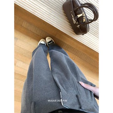 Wuuus【都市繪步】腰部撞白 灰色休閑西裝褲女寬松垂感褲子高級感