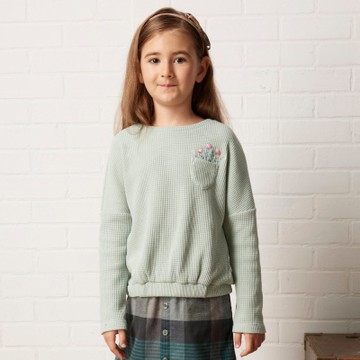 PIPPY 落肩甜美小花繡花彈性棉圓領長袖上衣 綠