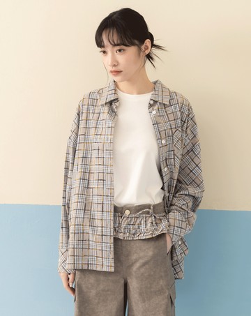 波浪下擺格紋寬鬆襯衫(兩色)