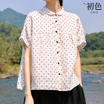 初色 休閒圓點棉麻翻領短袖排扣襯衫上衣女上衣-米白色-13546(M-2XL可選)