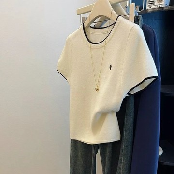 短袖T卹女  寬鬆顯瘦愛心刺繡冰絲短袖T卹女夏季2026新款修身百搭時尚減齡上衣服q
