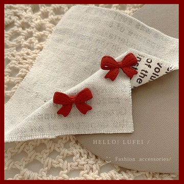 S925銀針紅色磨砂蝴蝶結耳釘甜美可愛耳飾女2020年新款潮簡約耳環