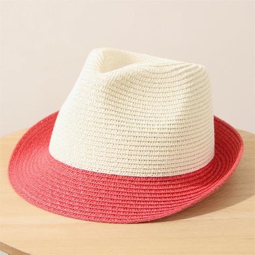英倫時尚紅白拼色卷邊小禮帽女夏天情侶草帽男女爵士帽百搭太陽帽