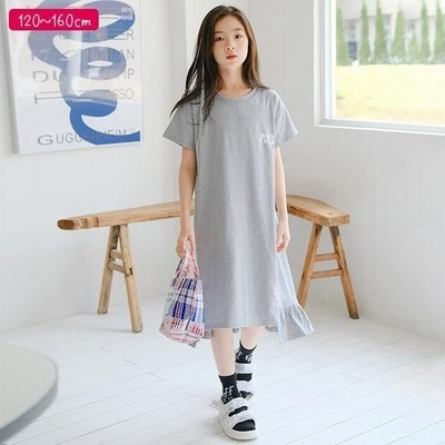 子供服 夏 女の子 半袖 ワンピース グレー 小学生 中学生 女子 ラフ ヘムラインスカート 薄手 涼しい 夏服 膝丈 ミドル丈 Tシャツ チュニック シンプル 通販 Lineポイント最大get Lineショッピング