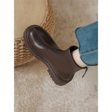 真皮棕色馬丁靴女英倫風2023年秋冬加絨彈力瘦瘦靴女厚底軟皮短靴