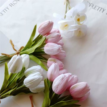 高品質短花束仿真花白色手感蝴蝶蘭PU郁金香  裝飾花 新娘手捧花