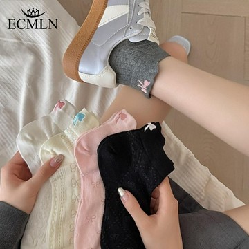 ECMLN 女式蝴蝶結襪薄款透氣日系芭蕾風格短襪夏季網眼純色及踝襪