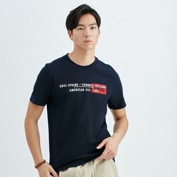 斑駁印花圓領純棉T恤(丈青)-男