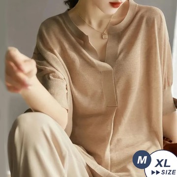 【LANNI 藍尼】現+預 休閒慵懶風小V領薄款針織衫(春夏/五分袖/舒適質感/透氣/通勤)