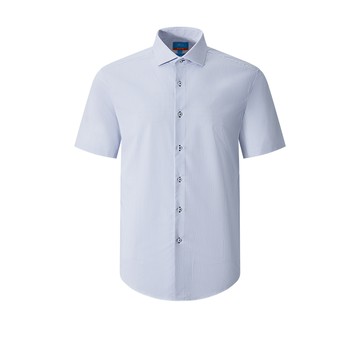 免熨防皺光滑彈性條紋短袖上班襯衫/粉藍色 | 5113367272