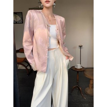 粉色新中式國風盤扣圓領外套女春2025休閑氣質百搭上衣中國風女裝