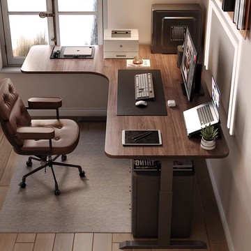 免運 可開發票 轉角書桌 電腦桌 黑胡桃木電動可升降轉角書桌lL型實木智能調節電腦桌拐角電競桌子 台灣公司貨 快速出貨