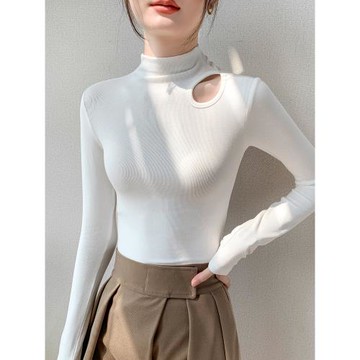 時尚半高領長袖T恤女早秋設計感簡約修身顯瘦上衣西裝內搭打底衫