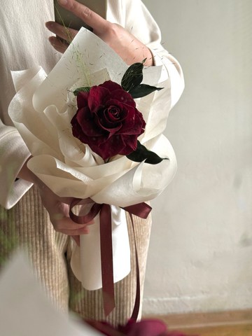 暗紅/黑紅色 單朵玫瑰永生花束/不凋花束