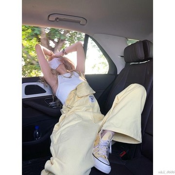 ✨U家女裝✨黃色高腰牛仔背帶褲女夏直筒工裝闊腿褲寬鬆垂感連體褲子休閒長褲