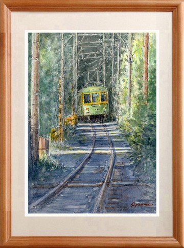 水彩原畫：陽光下的江之電列車