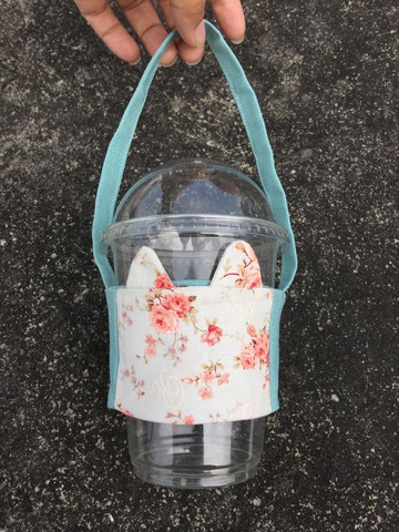 貓耳朵環保杯套/湖水藍/收納式/小口袋