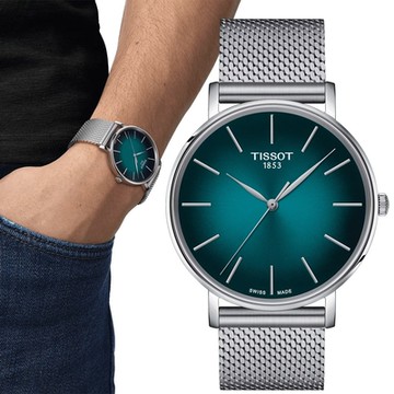 TISSOT 天梭 官方授權 Everytime 經典雋永米蘭手錶 1212購物節 送禮推薦-銀x綠/40mm T1434101109100