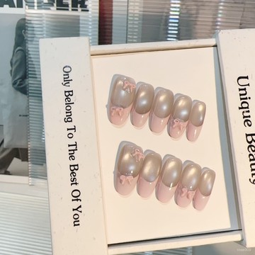 ✨Hannah✨純手工穿戴甲粉色法式玻璃珠超亮貓眼顯白美甲片可拆卸純慾高級感精緻穿戴甲 A7QB