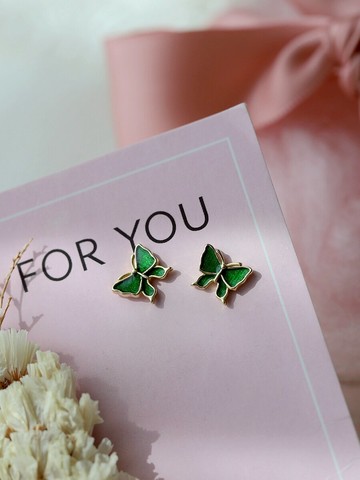 純銀綠色滴釉立體蝴蝶耳釘女新款潮網紅耳環古風中國風防過敏1入