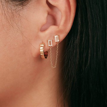 s925銀雙耳洞連體耳釘 方鑽耳鏈女生 高級感歐美風耳釘睡覺免摘