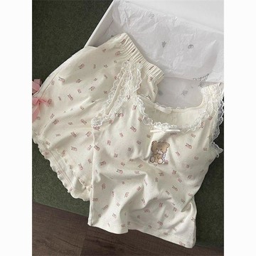DUYI~夢詩 睡衣碎花小熊吊帶短褲套裝女夏季甜美性感純欲蕾絲帶胸墊家居服兩件套