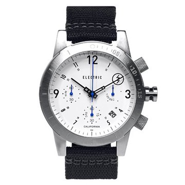 ELECTRIC FW02系列-復古強悍三眼計時腕錶-白x銀x黑帆布帶/44mm