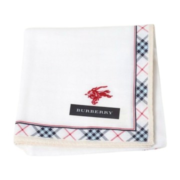 BURBERRY 經典格紋浮水印斜格紋滾邊戰馬LOGO圖騰刺繡帕領巾(米白色系/50CM)