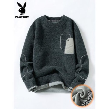 花花公子加絨毛衣男士冬季加厚保暖上衣寬松圓領水貂絨針織衫男款