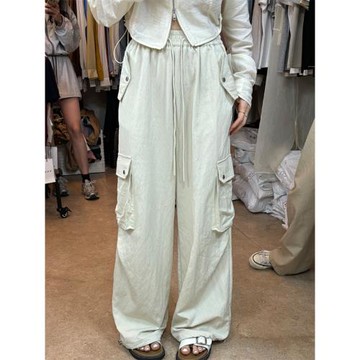 十三行新款美式辣妹杏色工裝抽繩直筒褲子休閑褲女夏季闊腿褲長褲