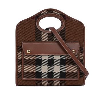 BURBERRY 針織拼皮革手提/斜背口袋包(Mini)(暗樺木棕色) 80491381