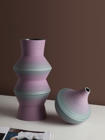 貝漢美北歐幾何陶瓷花瓶擺件創意漸變拉絲客廳插花玄關家居裝飾品