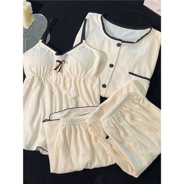 性感純欲長袖吊帶睡衣女夏季純棉帶胸墊春秋可愛四件套家居服套裝