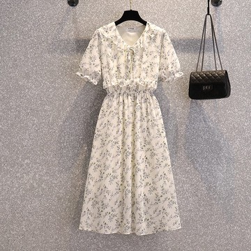 品牌折扣店商場專柜撤柜女裝尾貨清倉夏裝遮肉碎花短袖連衣裙