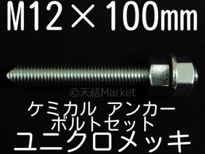 ケミカルボルト アンカーボルト ユニクロメッキ M12×100mm 寸切ボルト1本 ナット2個 ワッシャー1個 Vカット 両面カット「取寄せ品」