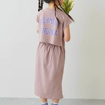 日本 devirock - 背後開口美式印花短袖洋裝-藕粉