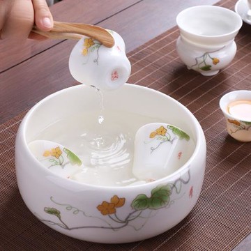 高檔羊脂玉白瓷茶洗圓形大號簡約家用辦公泡陶瓷功夫茶具杯洗單個