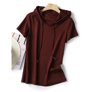SKYINTL絲光棉T恤女短袖修身氣質純棉帽衫女薄款純色連帽上衣春夏