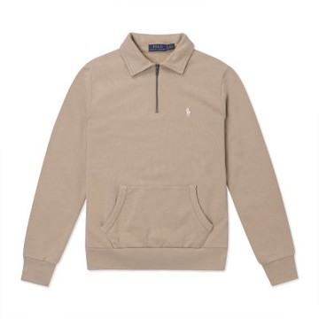 Polo Ralph Lauren RL 熱銷刺繡小馬立領半開襟大學T恤 上衣-奶茶色