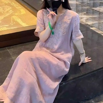 【雅韻衣櫥】 棉麻 【有內裏】 國風 重工 刺繡 V領 連衣裙 女 夏季 寬鬆 顯瘦 氣質 長裙子