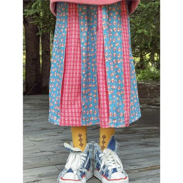 ZZZ自制復古可愛童趣熊貓粉藍撞色寬松高腰純棉百褶裙半身裙秋冬