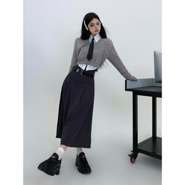 美式辣妹學院風學姐jk襯衫套裝女秋冬短款毛衣中長款半身裙三件套