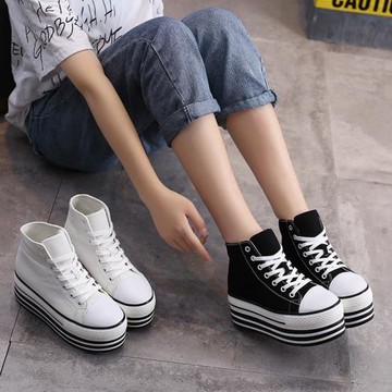 春季新款高幫鞋女厚底松糕跟帆布系帶休閑圓頭內增高韓版學生百搭