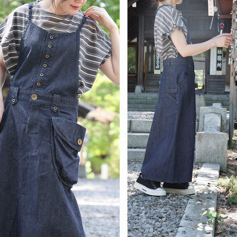 BLUETO ダークブルー デニムサロペット　マキシ丈　新品 デニム サロペット マキシ レディース 軽い 柔らかい 大きい