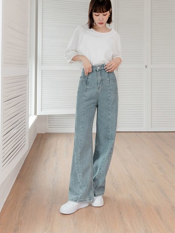 棉質腰頭造型剪接修身牛仔褲