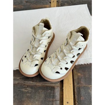 包頭真皮鏤空透氣涼鞋系帶休閑厚底學生鞋可愛丑萌鞋軟底舒適女鞋