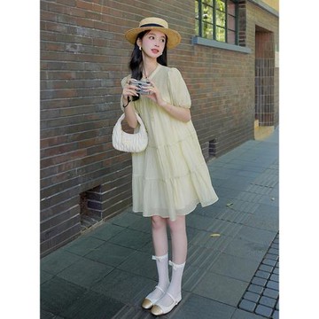 綠色天絲連衣裙女夏季2025新款甜美減齡寬松遮肚小個子顯高娃娃裙