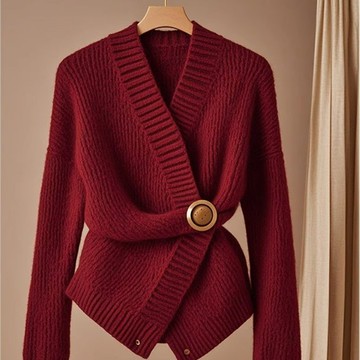 愛依依 秋冬上衣 毛衣 針織衫  內搭衫 秋冬新款獨特別緻冷淡系高級感韓系慵懶風安可拉紅針織衫-8642.