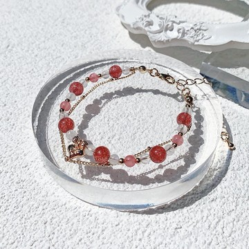 草莓晶 紅紋石 月光石 14K包金 天然水晶雙層手鍊